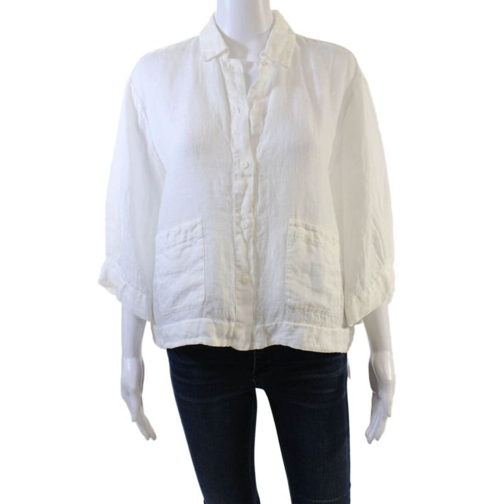 Tandem Womens Linen Long Sleeves Cropped Button Down Shirt White Size 2
